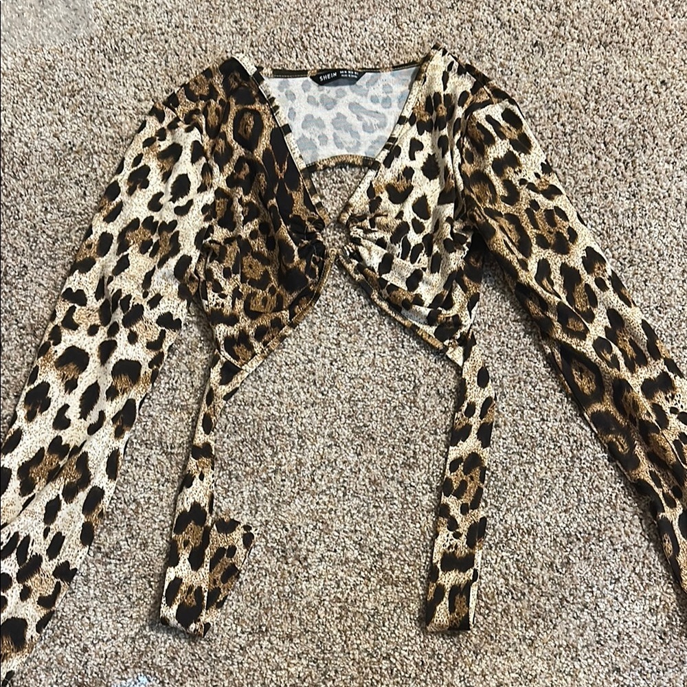 SHEIN Tan and Cream Tie Front Cropped Blouse